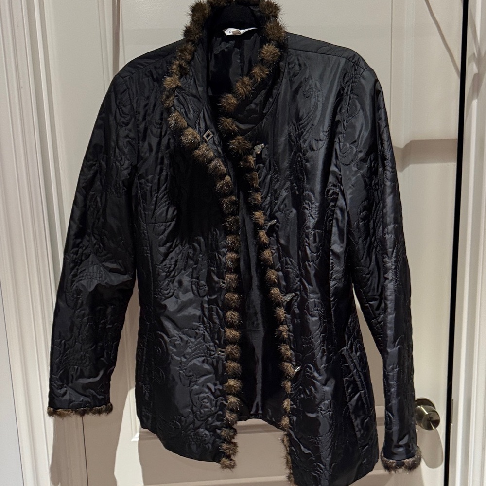 CAbi Black lightweight puffer jacket with faux fur trim